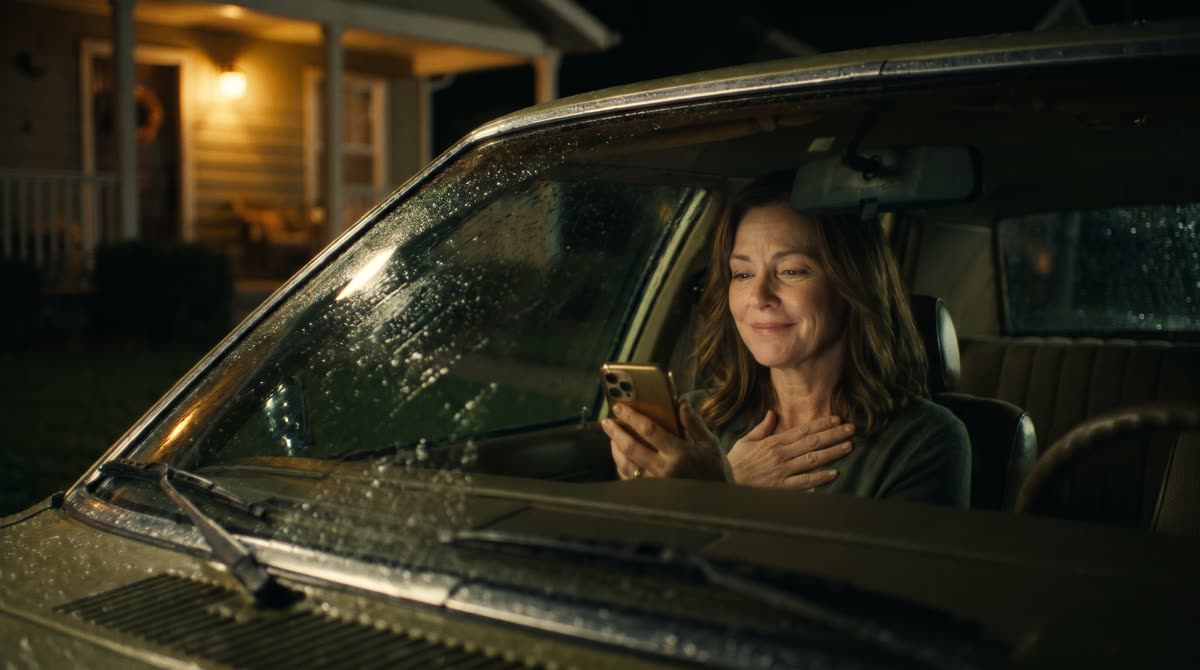 A woman in her parked car at night, smiling with relief at her phone, her porch light glowing behind her.