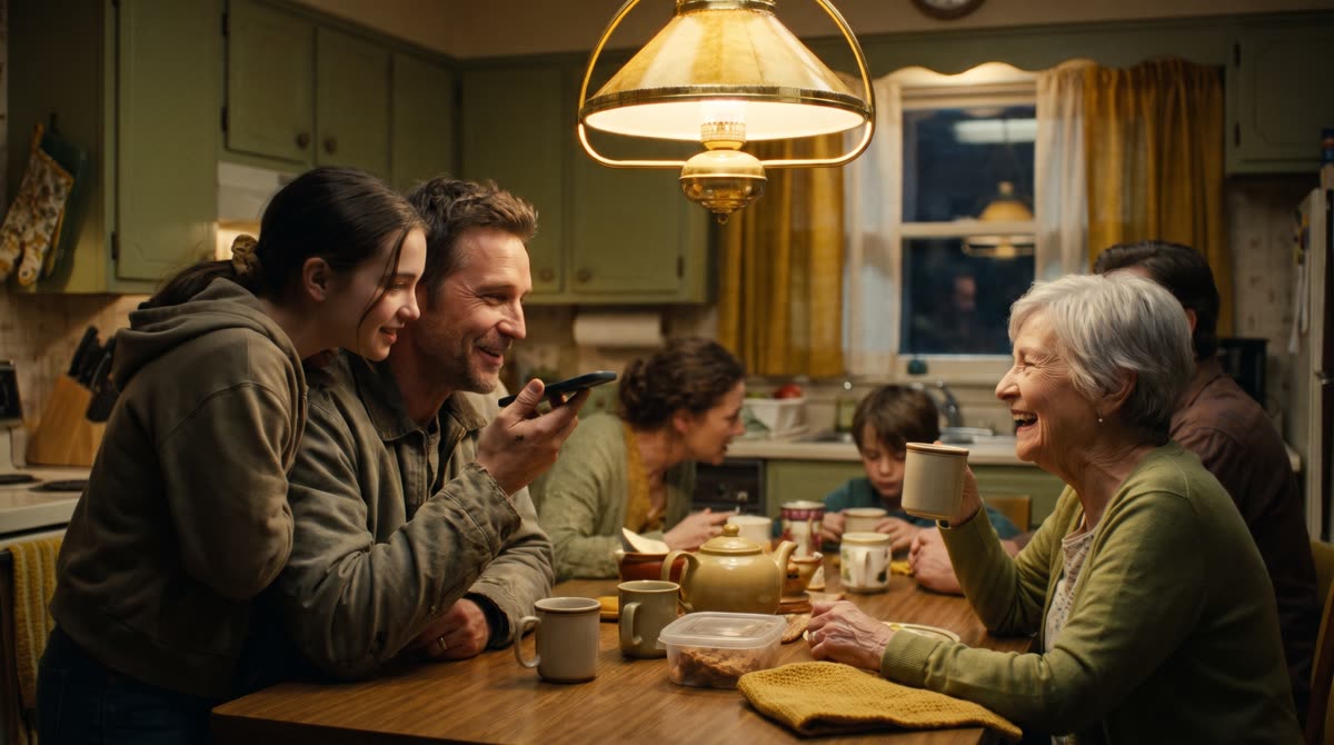 A family at a kitchen table at night; a son records his voice on a phone while his daughter and mother laugh.