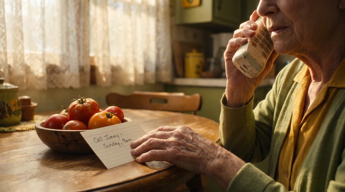 An older woman's hands at a sunny kitchen table holding a cordless phone beside a bowl of garden tomatoes.